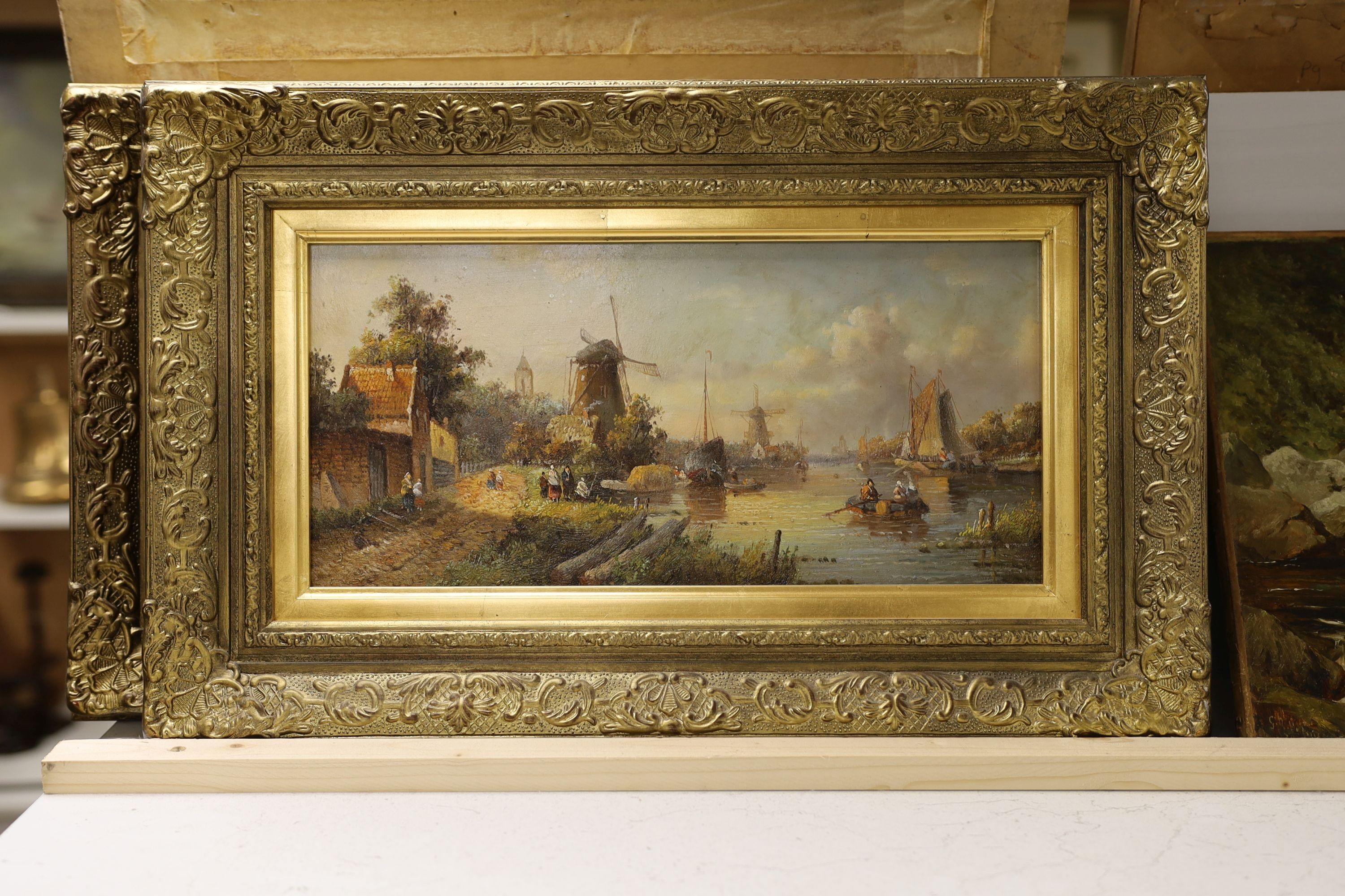 Dutch School, pair of oils on board, Estuary scenes, 18 x 38cm